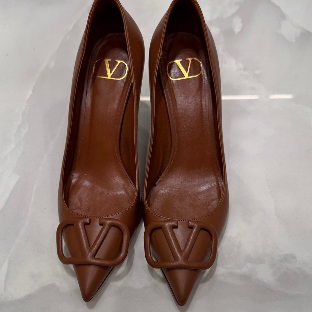 Valentino Tan Leather Heels with Logo Accent